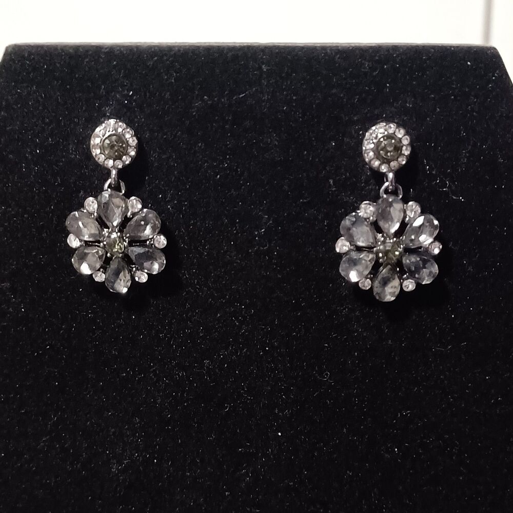 Vintage Silver-Toned Black and Crystal Rhinestone Floral Drop Earrings